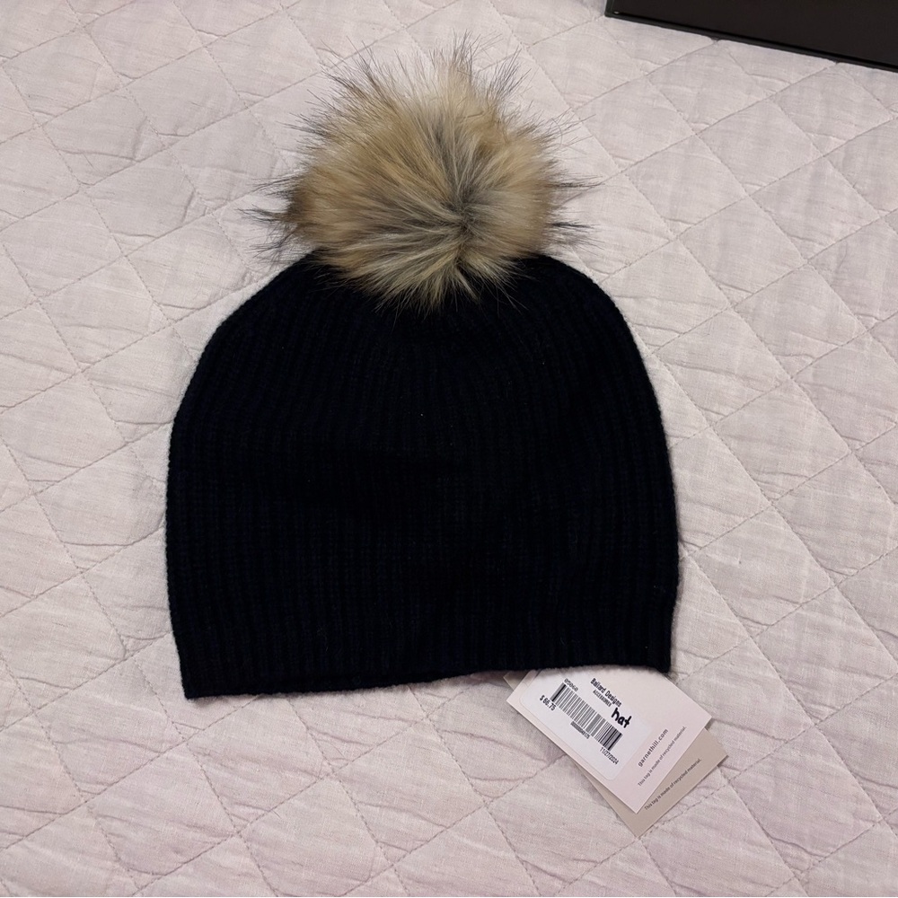 Black Knit Beanie with Faux Fur Pom